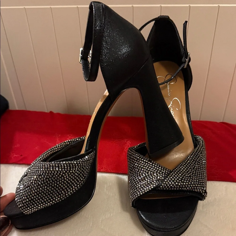 Jessica Simpson Black Crystal Cross-Band Ankle-Strap Heels - Picture 2 of 16